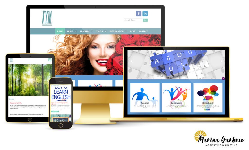 A desktop, laptop, tablet and mobile all displaying a screen capture of the KYM homepage.
