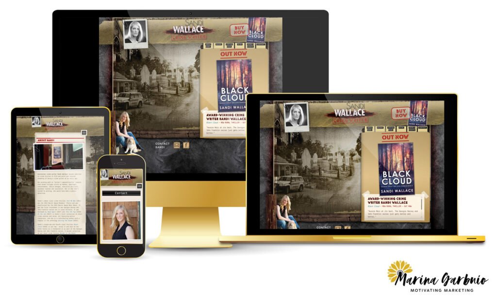 A desktop, laptop, tablet and mobile all displaying a screen capture of the Sandi Wallace homepage.