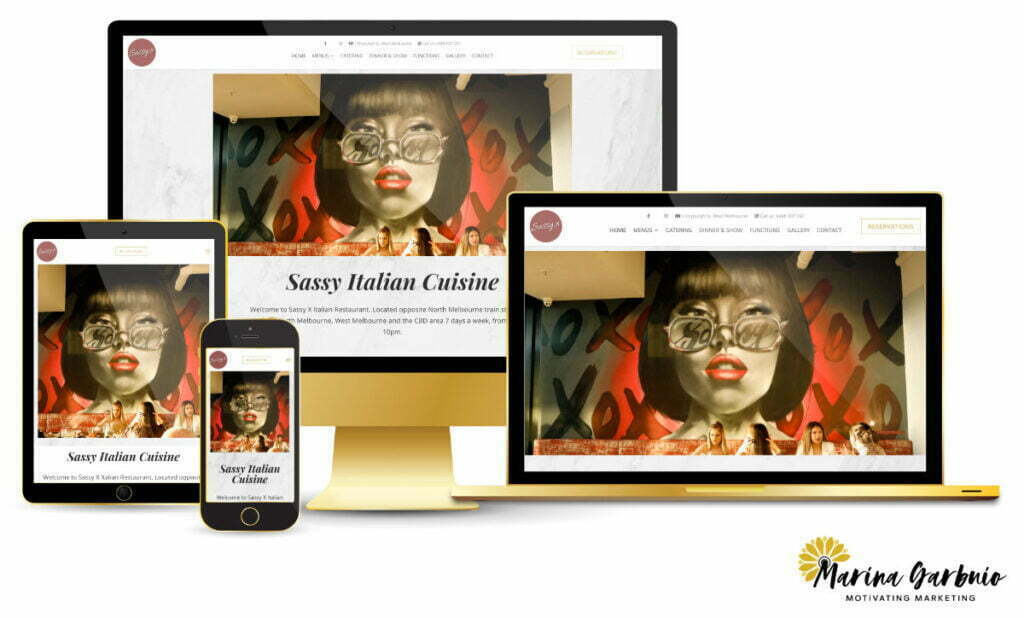 A desktop, laptop, tablet and mobile all displaying a screen capture of the Sassy Italian Restaurant homepage.