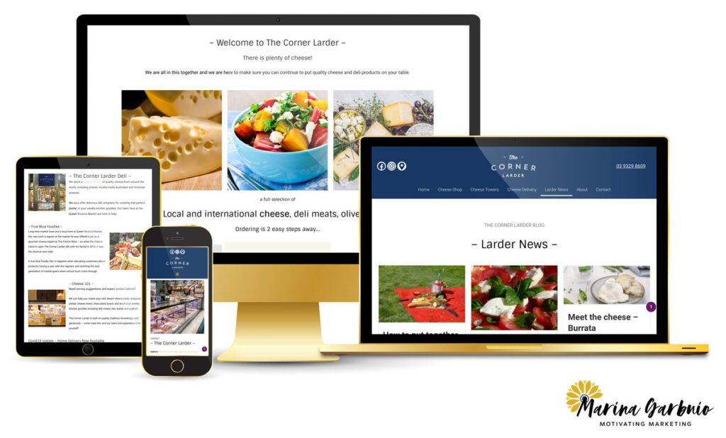 A desktop, laptop, tablet and mobile all displaying a screen capture of The Corner Larder homepage.
