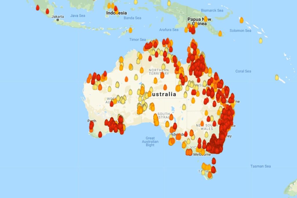 A map of Australia with flame icons identifying areas of fire activity.