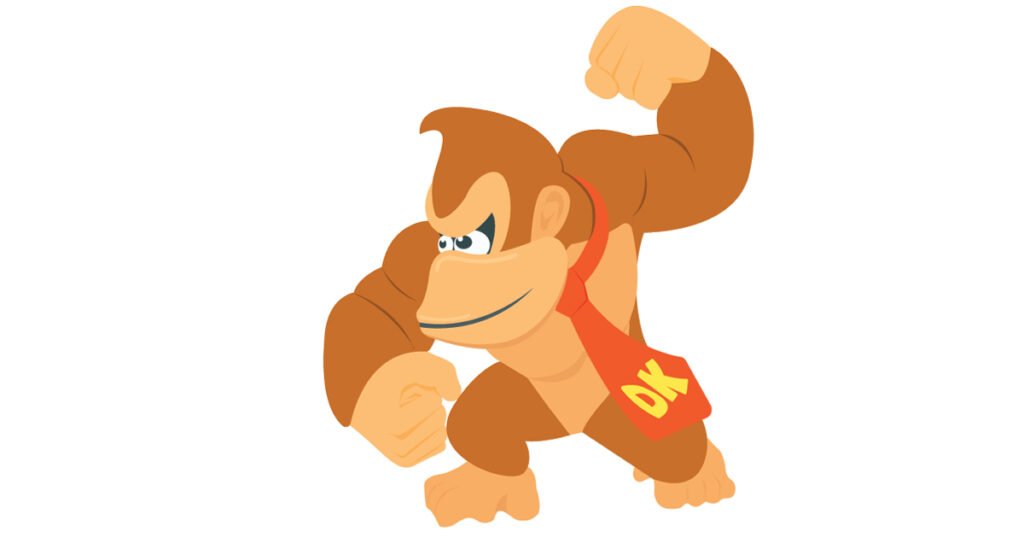 A cartoon drawing of Donkey Kong wearing a Red tie with DK written on it.