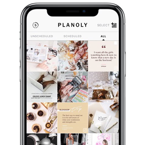 A mobile phone displaying the Planoly Scheduling Tool.