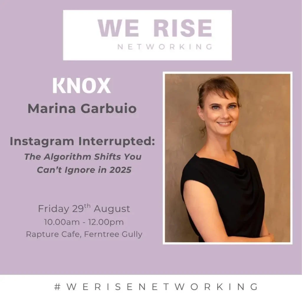 Advertising poster for WE RISE NETWORKING – KNOX, VIC featuring an image of Marina Garbuio on the right and the event Information on the left.